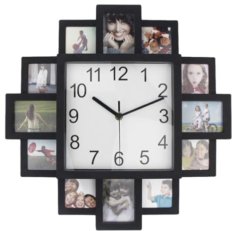 LANMOU Wanduhr mit Bilderrahmen 2-in-1 Kunststoff Wanduhr Fotorahmen 12 Bilder Display DIY Wanduhr Bild Collage Stille Batteriebetrieben für Wohnzimmer Home Decor (Black)