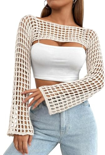 Mincib Womens Crochet Shrug Y2K Hollow Out Bolero Shrug See Through Cropped Knit Sweater Top(Beige,XL)
