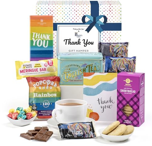 Hattie’s Gifts Thank You Gift Hamper Afternoon Tea Gift Set for Men | English Victorian Tea Gift Set with Milk Chocolate, Biscuits, Meringue Bar, Popcorn & Thank You Card