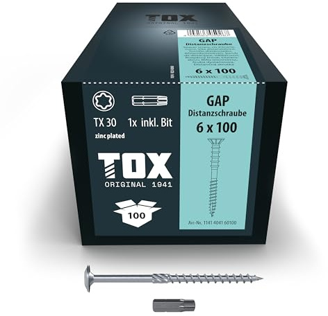 TOX Distanzschrauben GAP 6,0 x 100 mm verzinkt, 100 Stk. | Abstandsschraube TX30 für millimetergenaue Ausrichtung von Holz-Unterkonstruktionen, inkl. Bit, 1141404160100