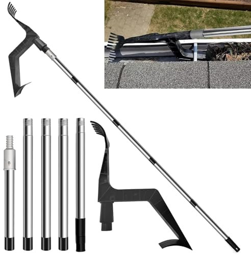 Outil de nettoyage de gouttière, nettoyeur de gouttière de toit avec manche télescopique extensible de 200 cm, cuillère de nettoyage de gouttière, nettoyeur de gouttière amovible, grattoir de