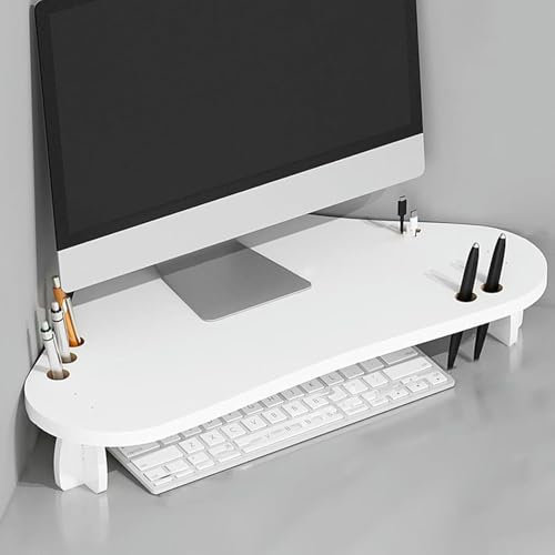 WOTZOV Corner Monitor Stand Laptop Riser Office Storage Rack with Pen Holder, Space Saving Desktop Corner Shelf Screen Riser, Monitor Lifting Stand for Computer TV,White