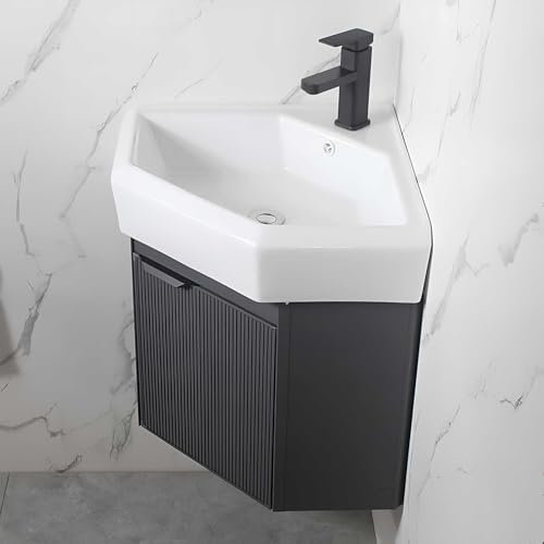 Moderno mueble de baño esquinero montado en la pared con fregadero y grifo frío y caliente, pequeño lavabo de cerámica para ahorrar espacio