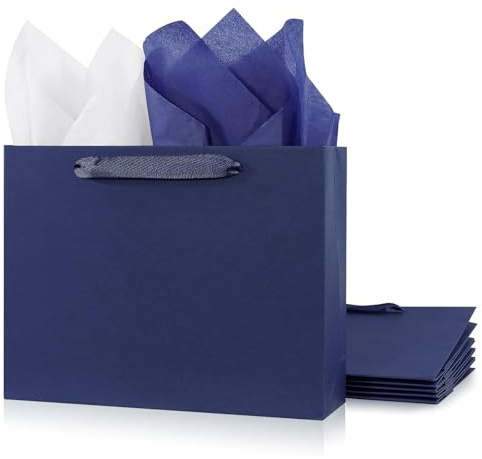 6 Stück 26.5x10x20.5cm Blaue Geschenktüten mit Tissue-Papier, Kraft-Einkaufstaschen mit Bandhenkeln, Einzelhandel-Verpackungstaschen-Set für alle Anlässe