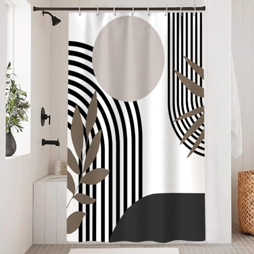 Uiiooazy Duschvorhang 120x180cm, Duschvorhang Anti Schimmel Boho Style Grau Sonne Abstrakt Braun Blätter Duschvorhänge Stoff Waschbar Wasserdicht Polyester Bad Vorhang mit 8 Haken für Badezimmer