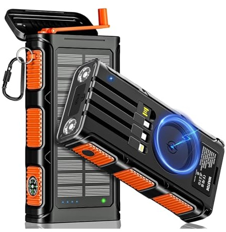 20000mAh Solar Power Bank senza fili con manovelle e 4 cavi, caricabatterie solare USB-C a carica rapida 7 uscite 4 entrate telefoniche, batteria esterna impermeabile per campeggi ed esterni