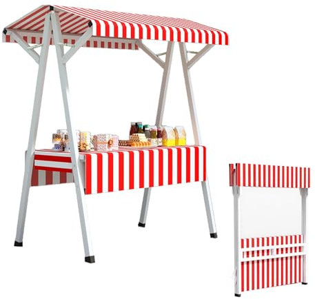 Carrito Auxiliar Plegable Carrito de Vendedor para la Venta de Alimentos / Hotdog, Rojo de Metal Puesto de Venta de Carro con Mostrador y Toldo, Al Aire Libre de Venta de Helados Carro para Los(Width
