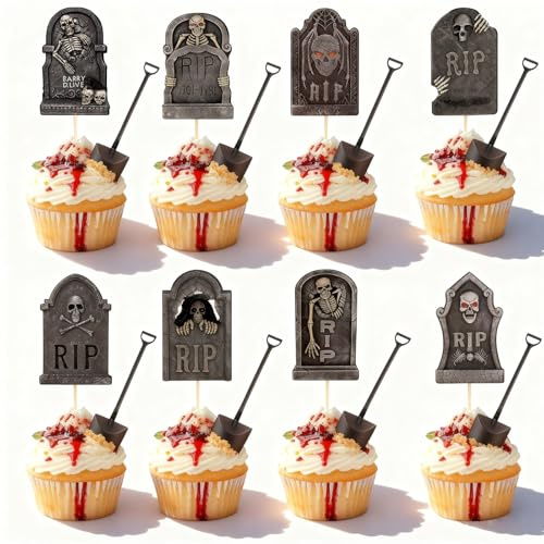 Halloween Cupcake Toppers 36 Stück Cupcake Toppers Grabstein, Grabsteine Kuchenaufsatz mit Mini-Schaufel-Löffel Cake Topper, Horror Deko für Party