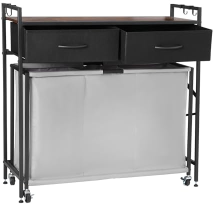 VEVOR Panier à Linge 3 Compartiments, Trieur de Linge sur Roulettes, avec Sac Coulissant, Plateau en Bois, 2 Tiroirs et Crochets, pour Vêtements Sales, Buanderie Blanchisserie Chambre Salle de Bain