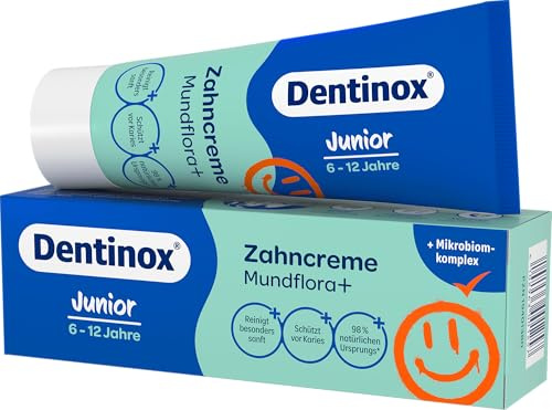Dentinox Zahncreme Mundflora+ Junior 75 ml – Zahnpasta Kinder 1450 ppm Fluorid, Kariesschutz & Remineralisierung, stärkt Mundflora & Zahnschmelz, sensitive Zahnpflege im Zahnwechsel | Kariesschutz Zahnpasta 1450 ppm Fluorid, Remineralisierung & Mikrobiom Komplex, stärkt Zahnschmelz im Zahnwechsel