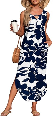 AUSELILY Women's UK Summer Sleeveless Split Dress White Navy Flowers L