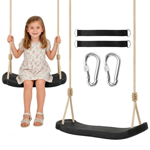 Hryniiex Kinderschaukel Outdoor | Schaukelsitz für Kinder ab 3 J. & Erwachsene bis 120kg | Brettschaukel wetterfest, PE-Kunststoff, höhenverstellbar 140-180cm mit Baumgurte und Karabiner, Schwarz