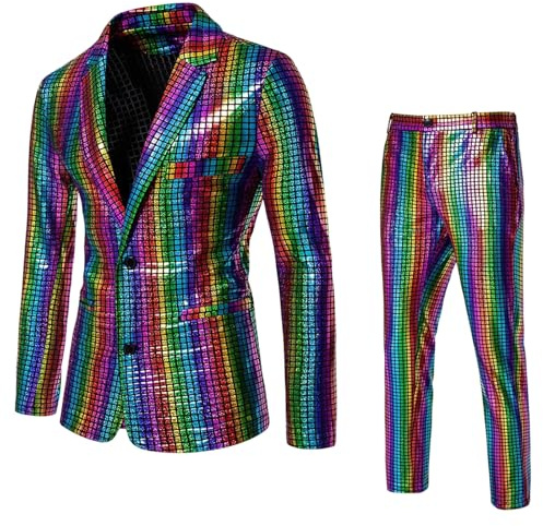 Herrregnbågsfärgad 70 tals discokostym med slim fit, paljettkavaj, kavaj och byxor, glansig kostym, färgglad medium