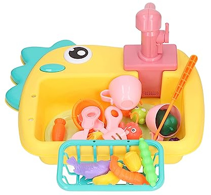 Picysa Jouets de Jeu pour Lave-Vaisselle, Jouets D'évier de Cuisine 2 en 1 avec Robinets Automatiques d'eau Courante, de Pêche de Dinosaure, Ensemble D'évier de Cuisine de Jeu de Rôle (Jaune)