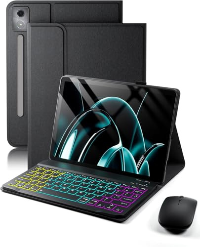 MicroTunk para Lenovo Idea Tab Pro (2025) 12.7 Pulgadas Funda con Teclado inalámbrico Bluetooth retroiluminado (Teclado QWERTY, distribución española) y ratón