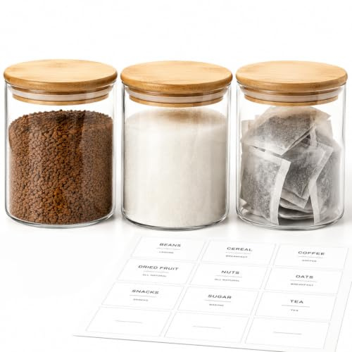 ComSaf 750ml Glass Tea Coffee and Sugar Canisters Set of 3, Glass Jars with Bamboo Lids & Blank Labels for Kitchen Storage, Coffee Station, Pantry Organisation, Dry Food, Cereal, Spice, Snacks, Beans