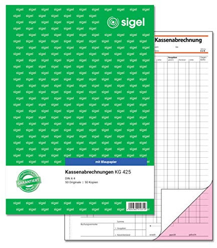 SIGEL KG425 Kassenabrechnung A4, 2x50 Blatt, mit Blaupapier, ultrafeiner Mikroperforation, Für exakte Einnahmen-/Ausgaben-Rechnung mit Ausweis des MwSt.- und Netto-Betrages