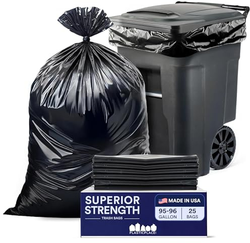 Plasticplace Bolsas de basura de 95 a 96 galones │ 3 mil │ Bolsas de basura negras resistentes │ 61 x 68 pulgadas (25 unidades)
