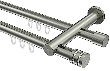 Interdeco Edelstahl Optik Innenlauf Gardinenstange 20 mm Ø doppelläufig Platon Estana, 360 cm