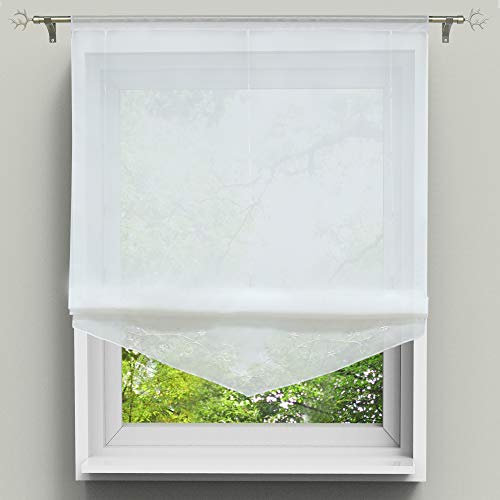 HongYa Bestickte Bändchenrollo Tunnelzug Raffrollo transparenter Voile Raffgardine H/B 140/120 cm Weiß