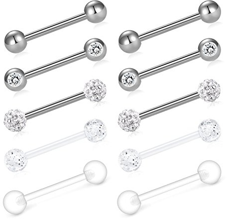 Funseedrr 10er Silber Zungenpiercing Brustwarzenpiercing Bar 316L Edelstahl Set 12mm