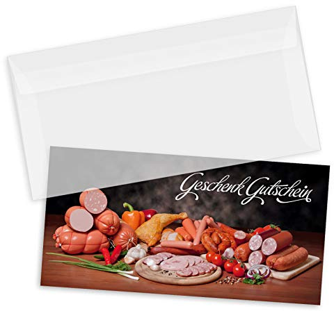 GESCHENKGUTSCHEINcom by POS-HAUER. Gutschein-Set. 25x Gutschein + Kuvert. Für Fleischerei Fleisch- und Wurstwaren, blanko zum selber Ausfüllen.