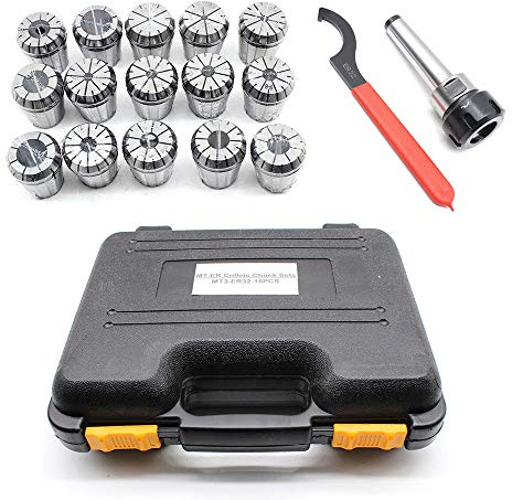 Wanlecy MT3 Shank ER32 Chuck with 15 Pcs Spring Collets Set 3mm-20mm & Spanner with Box for Milling Lathe (Metric Unit)