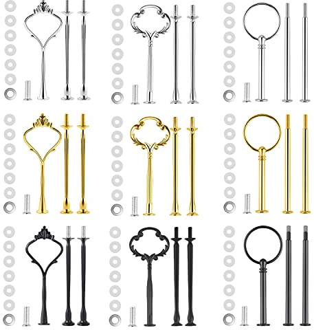 9 Set Cake Stand Fittings Kits, MSDADA Tiered Tray Hardware Mold Crown 3 Tier Cake Stand Holder Hardware for Wedding Party Making Resin Cupcake Dessert Platter Serving Stand(Gold&Silver&Black)