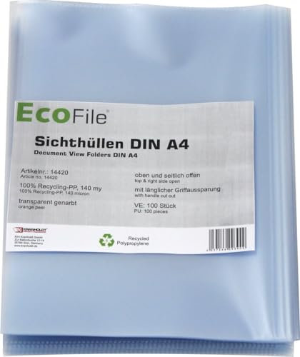 Sichthüllen Aktenhüllen / 100 Stück / A4 nachhaltig, extra stark, Recycling-PP 140 my, mit Griffaussparung, oben und seitlich offen, Farbe: transparent genarbt