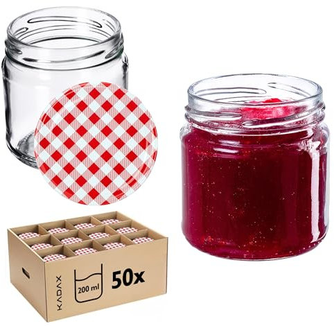 KADAX Lot de 50 bocaux 200 ml avec couvercles à vis Ø 66 mm – bocaux à dessert à parois épaisses, hermétiques, lavables au lave-vaisselle, idéaux pour les confitures et conserves