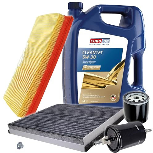 BESTPRICE Inspektionspaket Filterset mit 1x Ölfilter, 1x Kraftstofffilter, 1x Luftfilter, 1x Innenraumfilter, 1x Ölablassschraube, 1x Motoröl 5W-30 5 l, Kompatibel mit OPEL MERIVA A (X03)