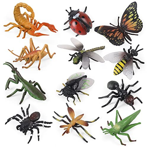 SIENON 12Pcs Large Realistic Insect Figurines Toy for Kids | Plastic Bug Figure with Ladybug Bee Butterfly Cricket Mantis Scorpion Spider for Education Halloween Birthday Party Favors