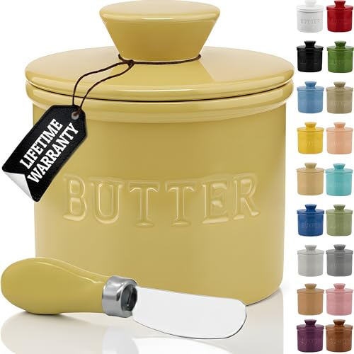 Priority Chef Butter Crock with Lid for Countertop with Spreader Knife and Water Line, Soft Spreadable Butter, Ceramic French Butter Dish with Lid, Khaki