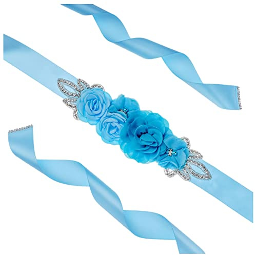 SHTGOI Damen Gürtel Perlen Strass Brautgürtel Blume Satinband Hochzeit Taillengürtel Braut Brautjungfer Schärpe Rose Hochzeitskleid Taillenkette Brautschmuck Zubehör für Kleid 270cm Himmelblau