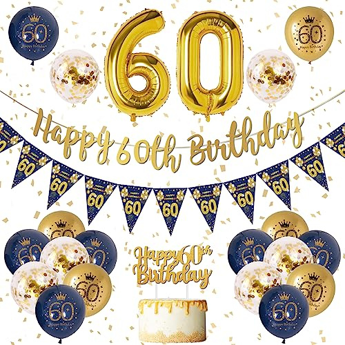 Geburtstagsdekoration 60 Jahre Mann - Banner, Luftballons Blau Gold, Konfetti für Party