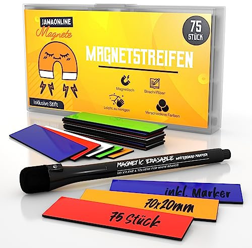 JAWA Magnetschilder zum Beschriften - 75 Stück Magnetetiketten inkl. Stift - Praktische Magnete beschreibbar in 5 Farben - Selbstklebende Magnetstreifen für metallische Oberflächen