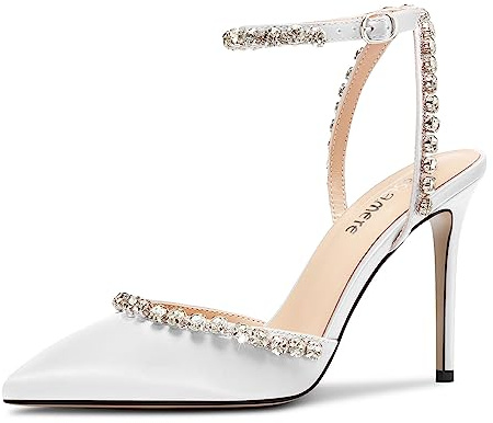 Castamere Femmes Aiguille Haut High Talon Heel Pointu Bout Lanières Cheville Diamant Cristal Escarpins Danse Satin 10 CM Heels Blanc 38 EU