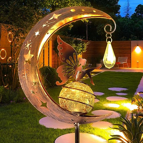 Solar Lights Outdoor Moon Stake Lights IP55 Waterproof Fairy Lawn Lamp Metal Butterfly Yard Lamp, Garden Ornaments for Patio Path Yard Decor