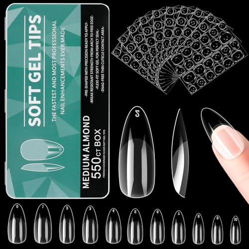 Alyvisun Faux Ongles, 550 Pièces Capsule Americaine 𝗢ngle Et 240 Pièces Gel Autocollant Ongᥣe Kit, 11 Tailles Amande Capsules Ongle𝗌 Transparent Acrylique Tips Nails pour DIY O𝗻gle Extensions