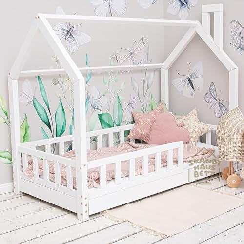 Hausbett 120x200 Mit Rausfallschutz Weiß - Bell Nuo - Kinderbett mit Lattenrost - Stabiles Rausfallschutz Bett für Kinderzimmer - Gemütlich Kinderbett Mädchen