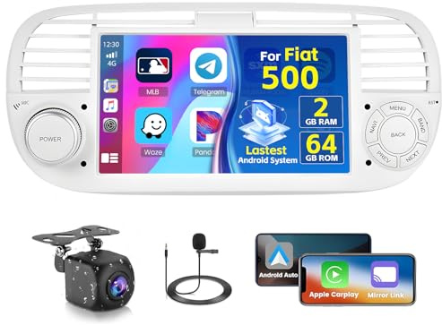 Inefala 2+64GB Radio per Fiat 500 2007-2015 Android 15 Soporta Wireless CarPlay Android Auto, 7 Pollici Schermo per Auto con Bluetooth Mirror Link WIFI GPS SWC Telecamera Posteriore AHD, Bianco