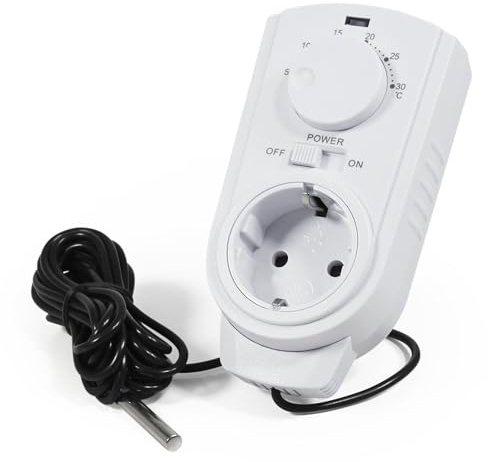 Steckdosen-Thermostat, 5-30°C, 3500W, 230V, Einfache Bedienung, Für Heiz- und Kühlgeräte, Mit Einsteckschutz, 1,9m Kabel, Wasserfester Außenfühler