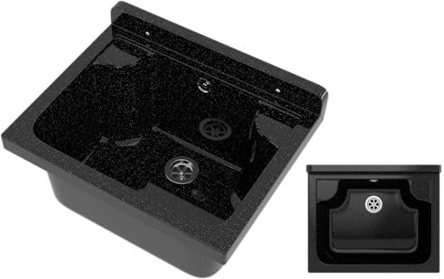 Ausgussbecken mit Platz für Seifenspender Garage Keller Werkstatt und Waschküche - Universal Waschtrog mit Siphon - Waschbecken Wandmontage - 42x34x24 cm - Schwarz - Granitan