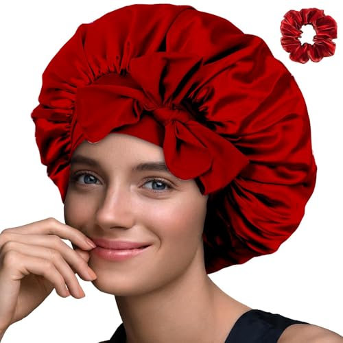 Haquno 1 Stück Schlafmütze Satin Bonnet Nacht Schlaf Mütze Verstellbare Schlafkappe Kopfbedeckung Weiche Kopfhaube Schlafhaube Seide doppellagige Nachtmütze mit Gummizug für Damen und Mädchen(Rot)