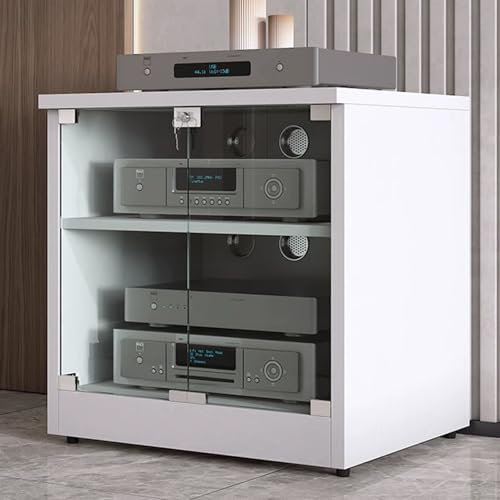 YHWKGZ Audio Rack Hi Fi Regal, Mit Glastüren Modernes Hi Fi Rack, Entertainment-Phonoschrank, Video-Record Player Stand for Spielekonsolen/DVD-Player/Projektoren/TV-Zubehör(Wit,23.6x23.6)