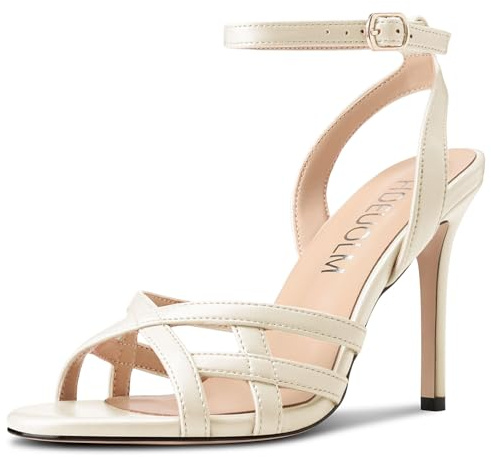 HDEUOLM Femmes Aiguille Haut High Talon Heel Rond Bout Sandales Slingback Lanières Cheville Boucle Mariage Dress 10 CM Heels