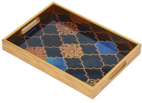 Plateau de Service, Plateau à café rectangulaire avec poignée, Grand Plateau de Cuisine en Verre Plateau décoratif pour la Cuisine, Le Salon, Le Bar, Les fêtes (37 x 27 x 4.5 CM)