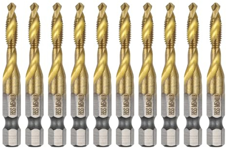 Sourcing Map 10pcs Combination Drill and Tap Bit Set - M5 x 0.8 Metric, 1/4 Hex Shank, Titanium Coated, High Speed Steel
