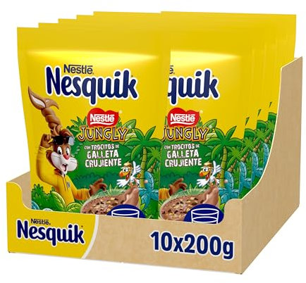 NESQUIK Nestlé Jungly Cacao Soluble con trocitos de galleta, 10 Bolsas de 200 g