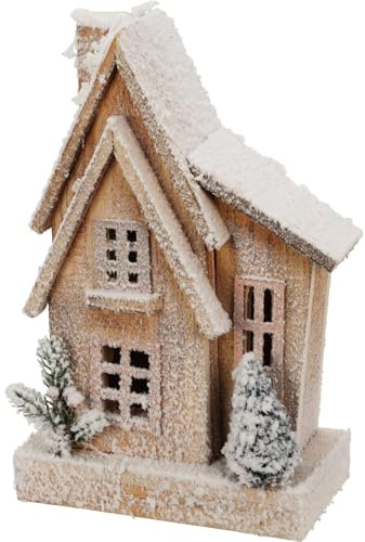 Carousel Home LED Snow-Covered Wooden Christmas House | Light Up Christmas House Ornament | Christmas Village Light Up House with Timer - 33cm